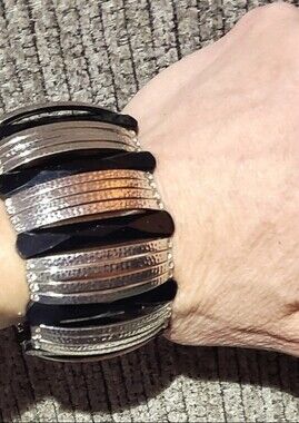 Metallic Pull On Cuff Style Bracelet Silver Black